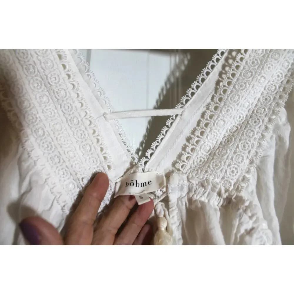 bohme White Cotton Blend Lace Trim Babydoll Blouse sz S - Picture 3 of 3